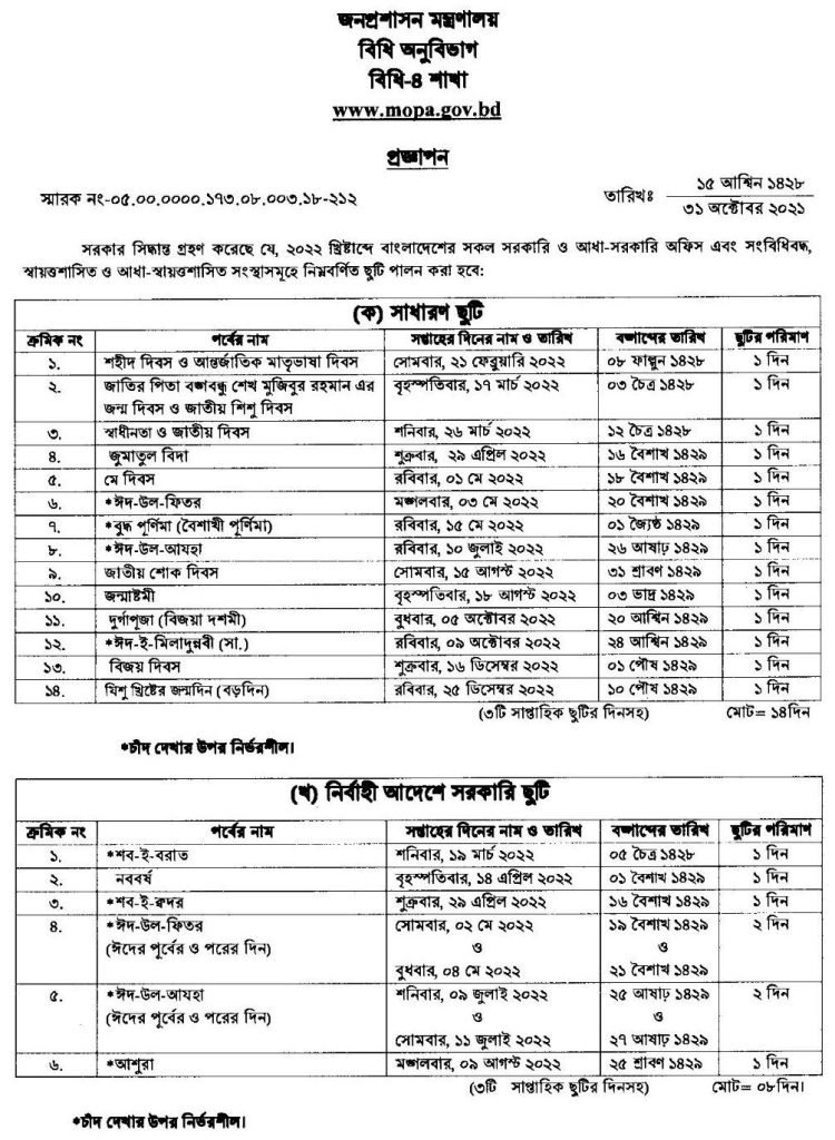 BD Govt Holidays List 2022, Bank holidays and Public National Holidays