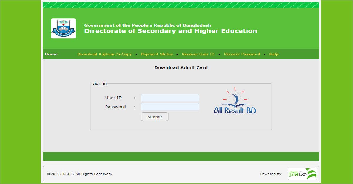 DSHE Admit Card 2022 | dshe.teletalk.com.bd