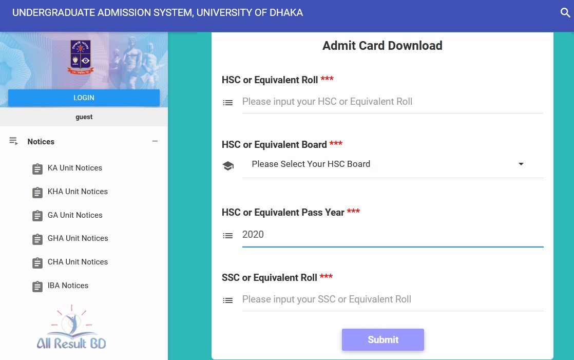 DU Admit Card Download PDF | admission.eis.du.ac.bd 2022