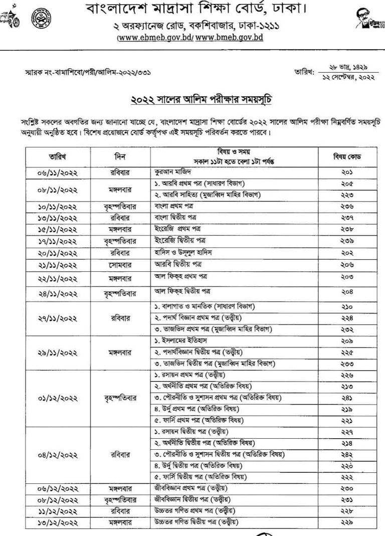 HSC Alim Exam Routine 2022 Madrasha Education Board - Result Amar